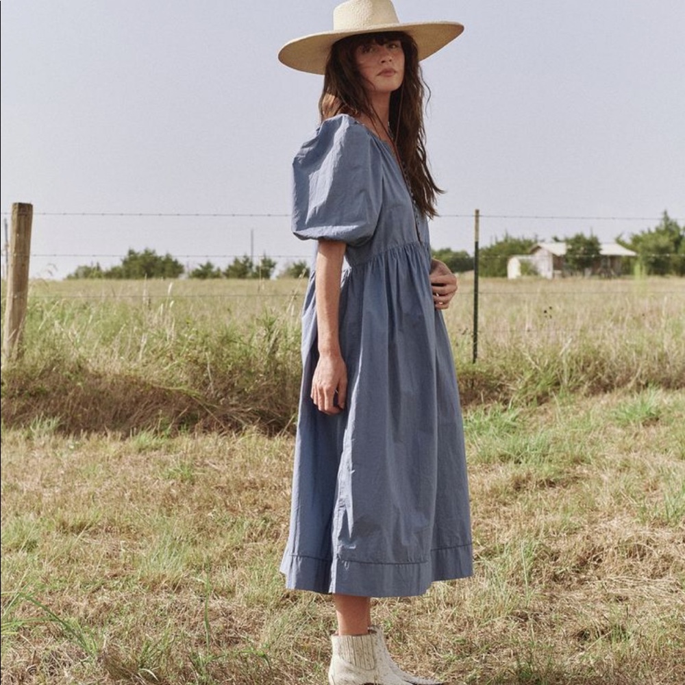 THE GREAT. Blue Puff-Sleeve Midi Dress